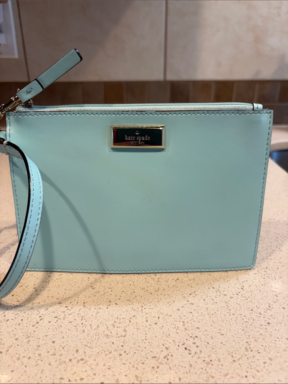 kate spade Mint Leather Wristlet Clutch with Gold Plaque Like New!